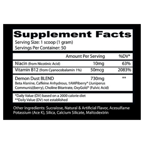 A black supplement facts label with white text showing 'Supplement Facts' for 'Demon Dust Blend', including serving size, servings per container, nutrients like niacin and vitamin B12, and other ingredients listed at the bottom.