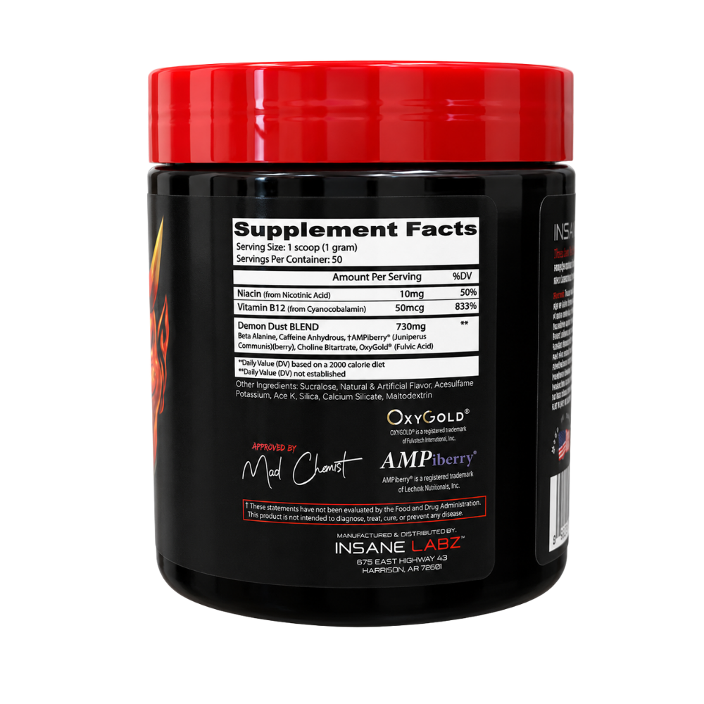 A black plastic tub of INSANE LABZ Demon Dust Cinnamon dry powder supplement with a bright red lid, featuring red and white text and devil illustrations on the label.