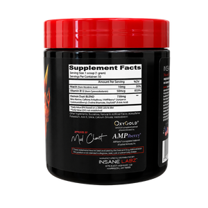 A black plastic tub of INSANE LABZ Demon Dust Blend supplement powder with a bright red lid, shown on a white background.