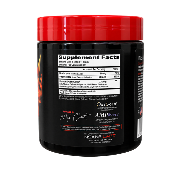 A black plastic tub of INSANE LABZ Demon Dust Blend supplement powder with a bright red lid, shown on a white background.