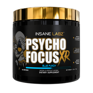 A black tub of INSANE LABZ Psycho Focus XR dietary supplement in Blue Punch flavor, featuring a metallic gold lid and a black label with white and gold text.