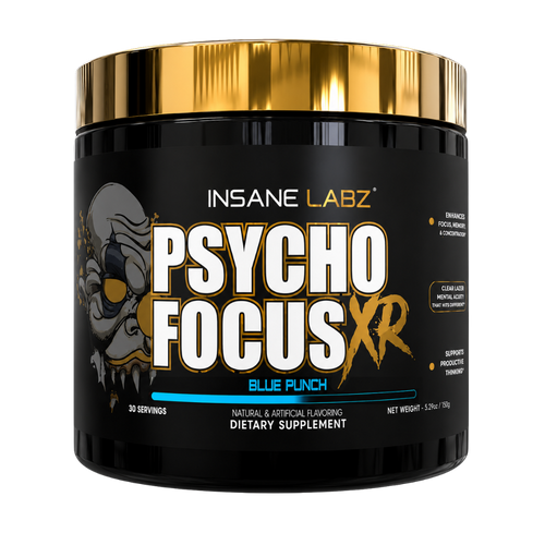 A black tub of INSANE LABZ Psycho Focus XR dietary supplement in Blue Punch flavor, featuring a metallic gold lid and a black label with white and gold text.