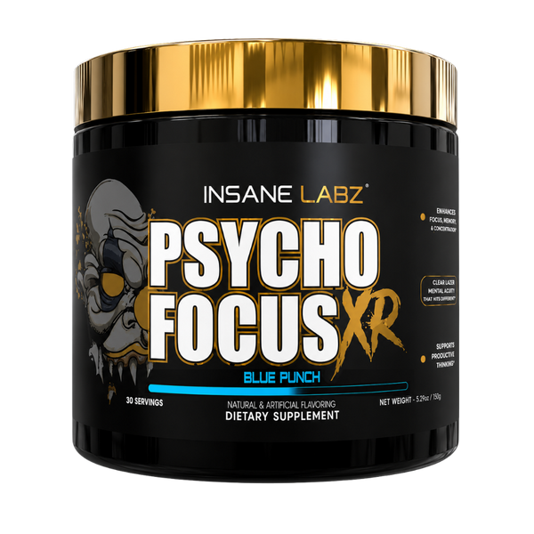 A black tub of INSANE LABZ Psycho Focus XR dietary supplement in Blue Punch flavor, featuring a metallic gold lid and a black label with white and gold text.