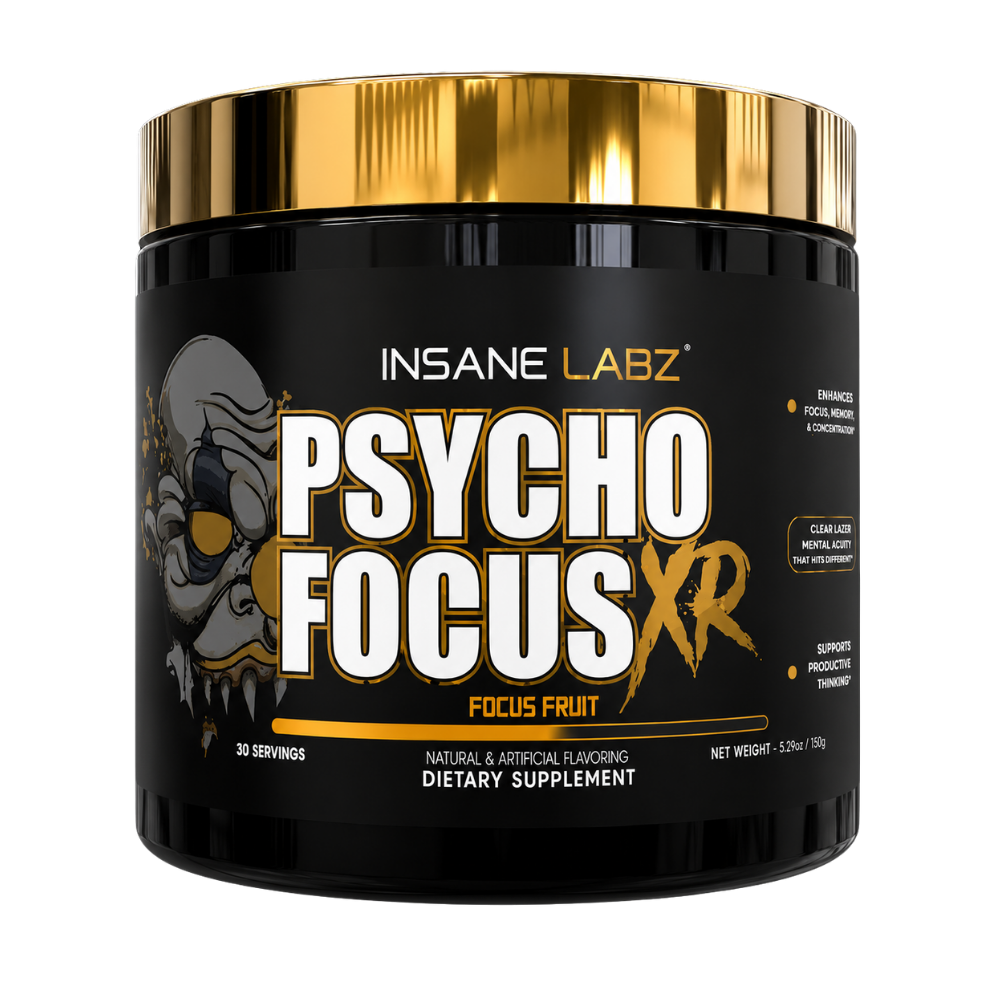 A black plastic tub of Insane Labz Psycho Focus XR dietary supplement with a metallic gold lid, on a plain white background.