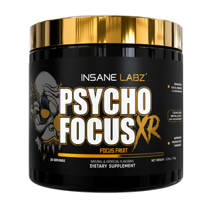 A black plastic tub of Insane Labz Psycho Focus XR dietary supplement with a metallic gold lid, on a plain white background.
