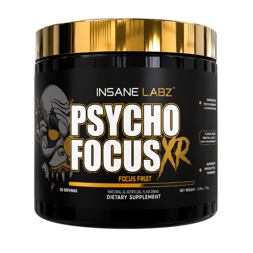 A black plastic tub of Insane Labz Psycho Focus XR dietary supplement with a metallic gold lid, on a plain white background.