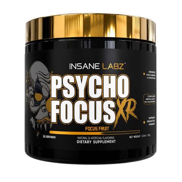 A black plastic tub of Insane Labz Psycho Focus XR dietary supplement with a metallic gold lid, on a plain white background.