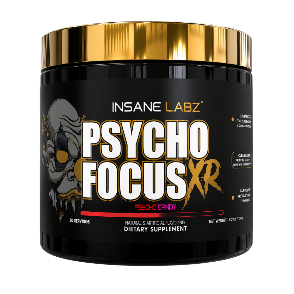A black plastic tub of Insane Labz Psycho Focus XR dietary supplement with a metallic gold lid, on a plain white background.