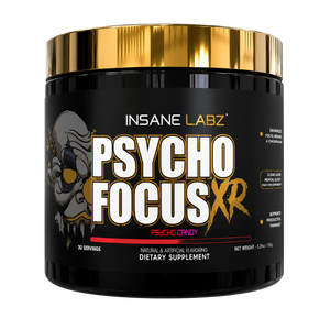 A black plastic tub of Insane Labz Psycho Focus XR dietary supplement with a metallic gold lid, featuring a black label with white and gold text and a cartoon skull graphic.