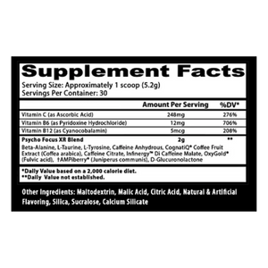 A black and white Supplement Facts label showing product information for Psycho Focus XR Blend, including serving size, servings per container, and listed vitamins and ingredients.