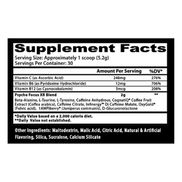 A black and white Supplement Facts label showing product information for Psycho Focus XR Blend, including serving size, servings per container, and listed vitamins and ingredients.