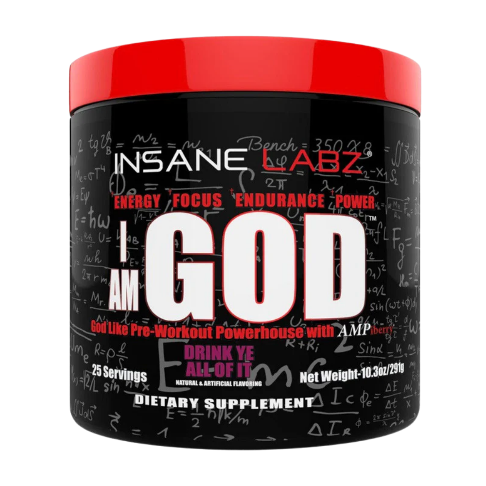 Insane Labz "I am god Pre-Workout" dietary supplement container with red and black design