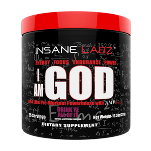 Insane Labz "I am god Pre-Workout" dietary supplement container with red and black design