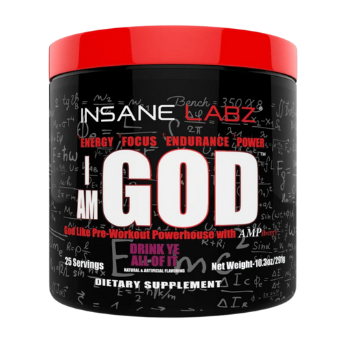 Insane Labz "I am god Pre-Workout" dietary supplement container with red and black design