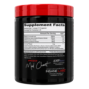 A black supplement tub with a bright red lid, shown against a plain white background. The front label features the brand name 'INSANE LABZ' and 'AMPBerry', along with a detailed 'Supplement Facts' panel and an 'APPROVED BY Mad Chemist' signature graphic.