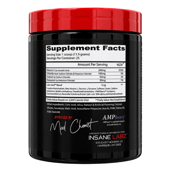 A black supplement tub with a bright red lid, shown against a plain white background. The front label features the brand name 'INSANE LABZ' and 'AMPBerry', along with a detailed 'Supplement Facts' panel and an 'APPROVED BY Mad Chemist' signature graphic.