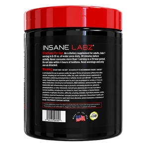 A black supplement tub with a bright red lid, shown against a plain white background. The front label features the brand name 'INSANE LABZ'.
