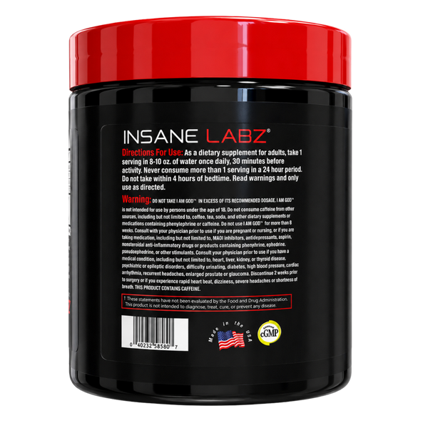 A black supplement tub with a bright red lid, shown against a plain white background. The front label features the brand name 'INSANE LABZ'.