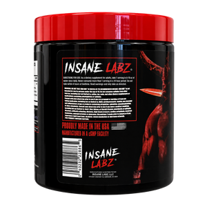 A black plastic tub of INSANE LABZ dietary supplement with a bright red lid, showing the back label with product details, a barcode, and a muscular graphic on a white background.