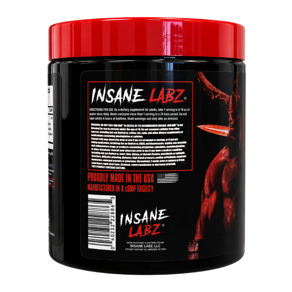A black plastic tub of INSANE LABZ dietary supplement with a bright red lid, showing the back label with product details, a barcode, and a muscular graphic on a white background.