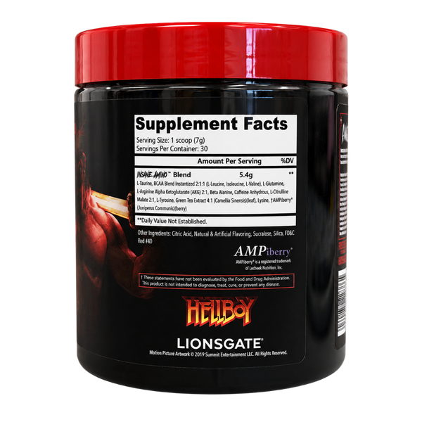 A black plastic tub of AMPberry Hellboy Lionsgate supplement powder with a bright red lid, shown against a plain white background.