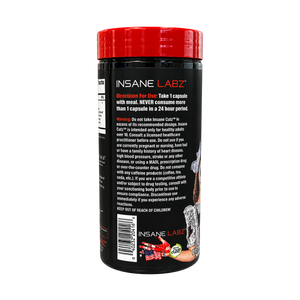 A black plastic supplement bottle with a red cap, showing the back label of INSANE LABZ. The label features white text, a warning section, a barcode, and a small graphic of a person eating a red gummy.