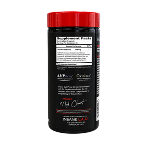 A black supplement bottle with a red cap, showing the back label with Supplement Facts, AMP Energy, OxyGold, and a signature by Mel Charmiot, manufactured by INSANE LABZ.