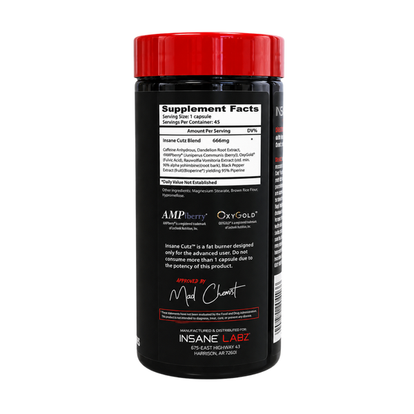 A black supplement bottle with a red cap, showing the back label with Supplement Facts, AMP Energy, OxyGold, and a signature by Mel Charmiot, manufactured by INSANE LABZ.