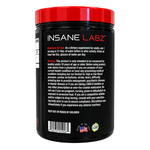  Insane Labz Insane Glutamine 40 Servings directions for use and warnings listed on the back of the tub on a white background.