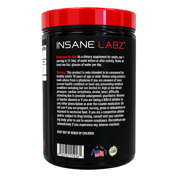  Insane Labz Insane Glutamine 40 Servings directions for use and warnings listed on the back of the tub on a white background.