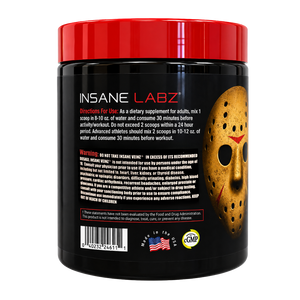 Supplement container labeled 'Insane Veinz' by Insane Labz with directions and warnings on the back of the tub on a white background.