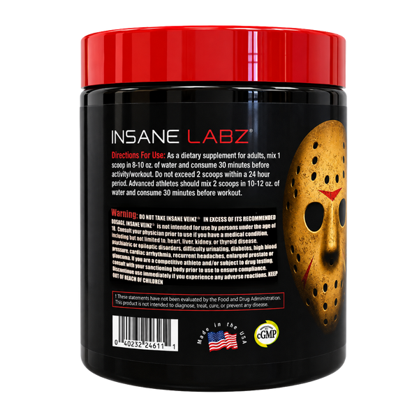 Supplement container labeled 'Insane Veinz' by Insane Labz with directions and warnings on the back of the tub on a white background.