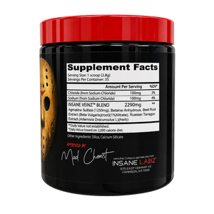 Supplement container labeled 'Insane Veinz' by Insane Labz with supplement facts on the side of the tub on a white background.