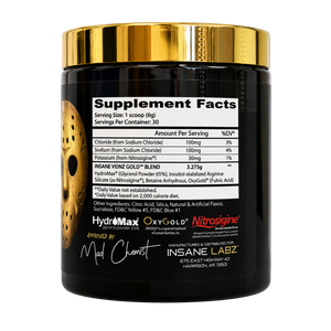 A black supplement tub with a shiny gold lid, showing the Supplement Facts label. The label includes branding for HydroMax, OxyGold, Nitrosigine, and the manufacturer Insane Labz.