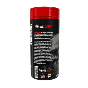 A red and black plastic supplement bottle of Insane Labz, showing the back label with text and a barcode on a plain white background.