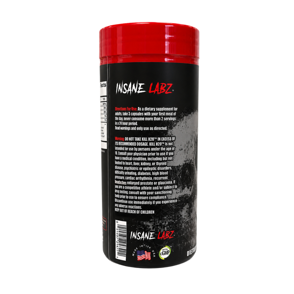 A red and black plastic supplement bottle of Insane Labz, showing the back label with text and a barcode on a plain white background.