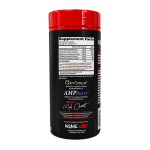 A black supplement bottle with a red cap, showing the back label with Supplement Facts and branding for INSANE LABZ.
