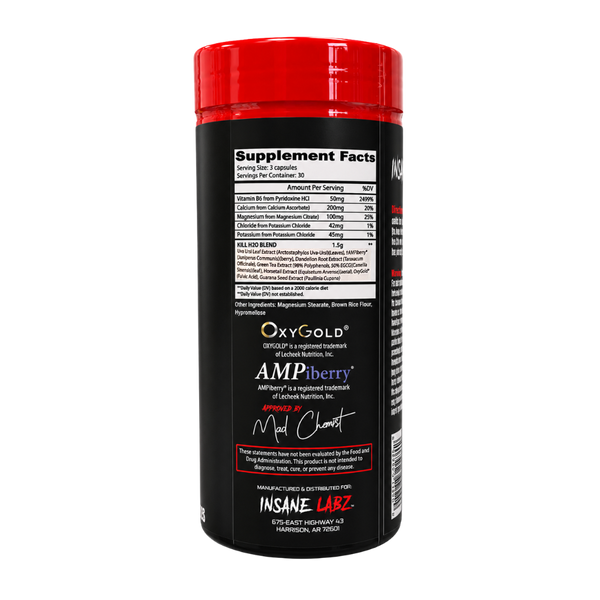A black supplement bottle with a red cap, showing the back label with Supplement Facts and branding for INSANE LABZ.
