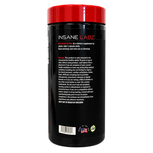 A black plastic bottle of INSANE LABZ dietary supplement with a bright red cap, showing the back side of the label with white text and a warning notice.