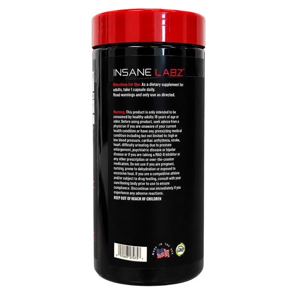 A black plastic bottle of INSANE LABZ dietary supplement with a bright red cap, showing the back side of the label with white text and a warning notice.