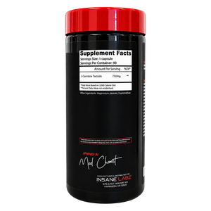 A black supplement bottle with a bright red cap, featuring a white supplement facts label and branding for INSANE LABZ by Mad Chemist, shown on a plain white background.