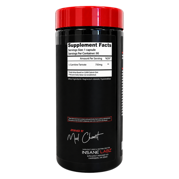 A black supplement bottle with a bright red cap, featuring a white supplement facts label and branding for INSANE LABZ by Mad Chemist, shown on a plain white background.