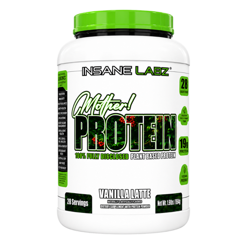Insane Labz Mother! Plant Based Protein 28 Servings Vanilla Latte flavor on a white background
