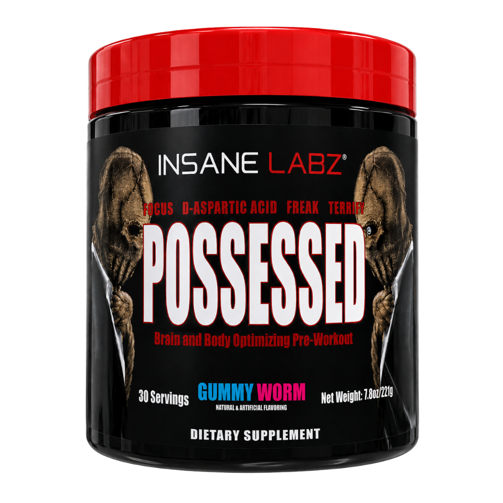 Insane Labz Possessed Gummy Worm pre-workout supplement in a black plastic tub with a bright red lid. The label features a black background with the brand name 'INSANE LABZ' in white, the product name 'POSSESSED' in large white letters, and illustrations of two possessed heads on either side of the text.