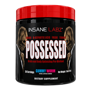 Insane Labz Possessed Gummy Worm pre-workout supplement in a black plastic tub with a bright red lid. The label features a black background with the brand name 'INSANE LABZ' in white, the product name 'POSSESSED' in large white letters, and illustrations of two possessed heads on either side of the text.