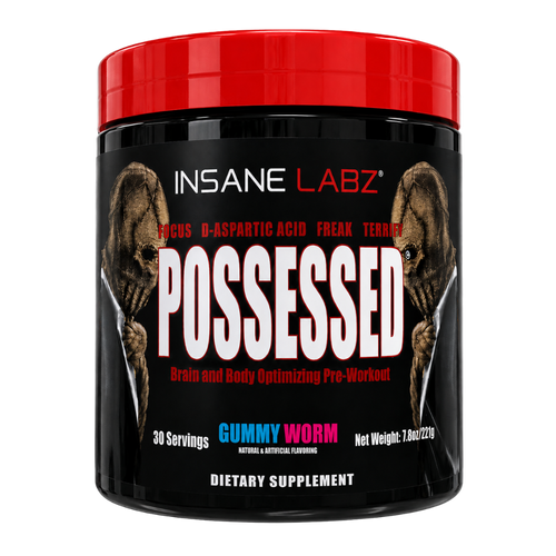Insane Labz Possessed Gummy Worm pre-workout supplement in a black plastic tub with a bright red lid. The label features a black background with the brand name 'INSANE LABZ' in white, the product name 'POSSESSED' in large white letters, and illustrations of two possessed heads on either side of the text.