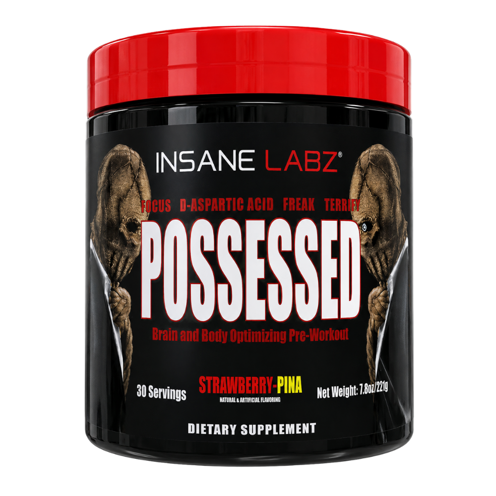 Insane Labz Possessed Gummy Worm pre-workout supplement in a black plastic tub with a bright red lid. The label features a black background with the brand name 'INSANE LABZ' in white, the product name 'POSSESSED' in large white letters, and illustrations of two possessed heads on either side of the text.