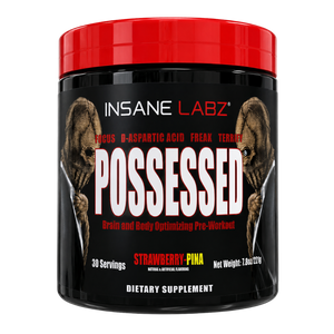 Insane Labz Possessed pre-workout supplement container, featuring a black jar with a bright red lid and a label depicting two ape-like figures holding swords, with the word 'POSSESSED' in large white letters.