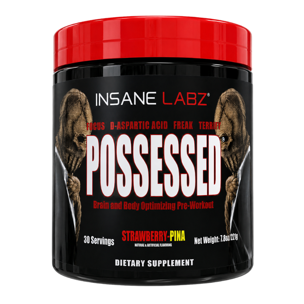 Insane Labz Possessed pre-workout supplement container, featuring a black jar with a bright red lid and a label depicting two ape-like figures holding swords, with the word 'POSSESSED' in large white letters.
