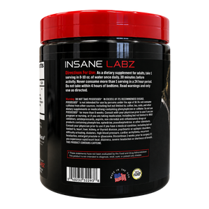A black plastic tub of INSANE LABZ dietary supplement powder with a bright red lid, shown from the back against a plain white background.